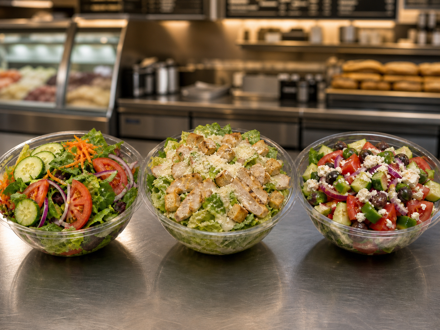 Garden, grilled chicken Caesar, and Greek salads on a deli counter
