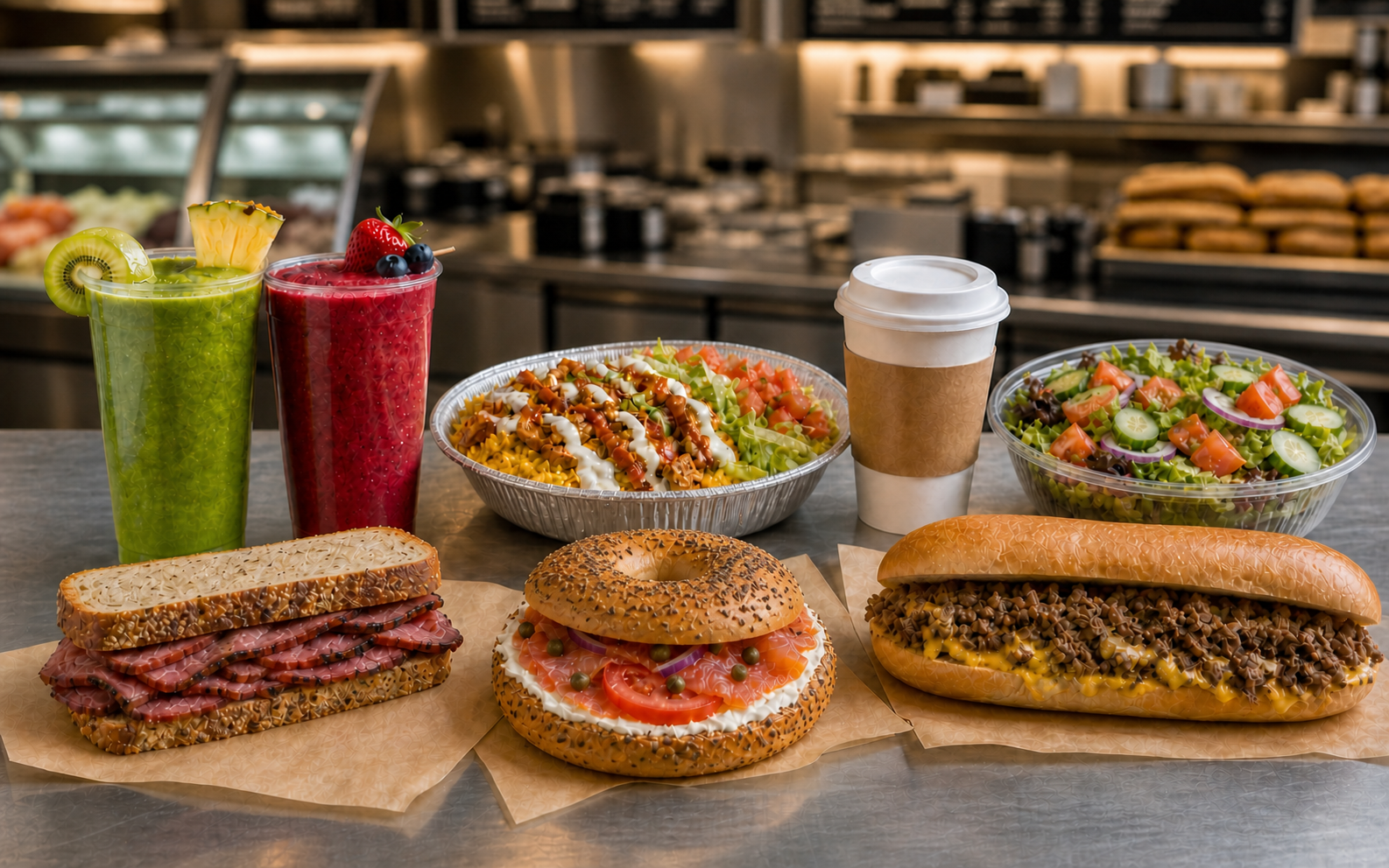 Smoothies, chicken over rice, coffee, garden salad, pastrami, an everything bagel with lox, and chopped cheese displayed on a Brooklyn deli counter