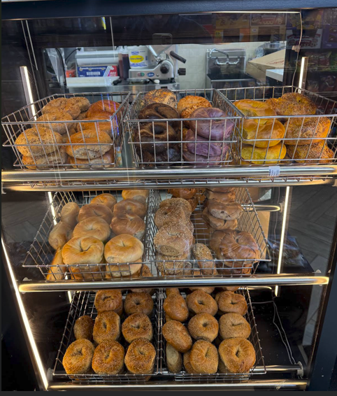 The bagel display inside Prospect Bagels Gourmet Deli